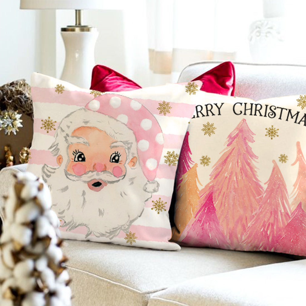 PANDICORN Pink Christmas Pillow Covers 18x18 Set of 4, Farmhouse Christmas Tree Santa Nutcracker Sleigh