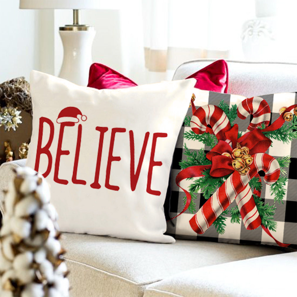 PANDICORN Christmas Pillows Covers 18x18 Set of 4 Vintage Santa Claus Candy Cane Farmhouse Christmas Decorations Buffalo Plaid Christmas Throw Pillows