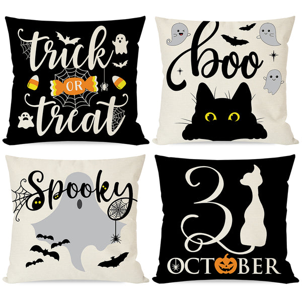  Fukeen Happy Halloween Pillow Covers 18x18 Inch Set of 4 Trick  or Treat Spooky Boo Ghost Horror Pumpkin Cat Bat Skull Fall Farmhouse Decor  Throw Pillow Cases Black and White Halloween