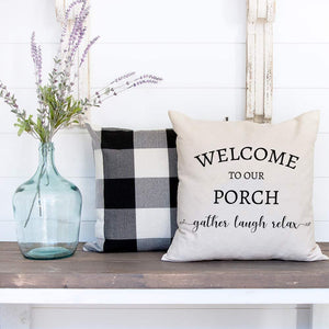 PANDICORN Farmhouse Pillow Covers 18x18 with Words Welcome to Our Porch Stay Awhile for Home Décor