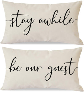 PANDICORN Farmhouse Guest Room Decor 12x20 Pillow Covers Set of 2 - Be Our Guest & Stay Awhile, Chic Pillowcases, Linen Throw Pillow Covers for Bedroom, Sofa, Couch, and Porch Coziness
