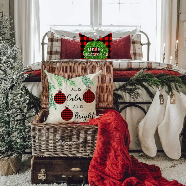 Set of 2 Christmas Throw Pillows White Black Red Buffalo Check Plaid 18x18”  TREE
