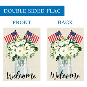 Welcome 4th Fourth of July American Garden Flag 12x18 Double Sided, US Flag Greenery Flower Floral, Stars and Stripes