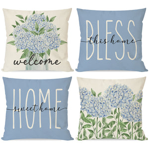 Blue Hydrangea Throw Pillow Covers 18x18 Inch Bless This Home Sweet Home Flower Welcome Spring Summer Decor Set of 4 Farmhouse Decorative Throw Pillows Cases Outdoor Decorations