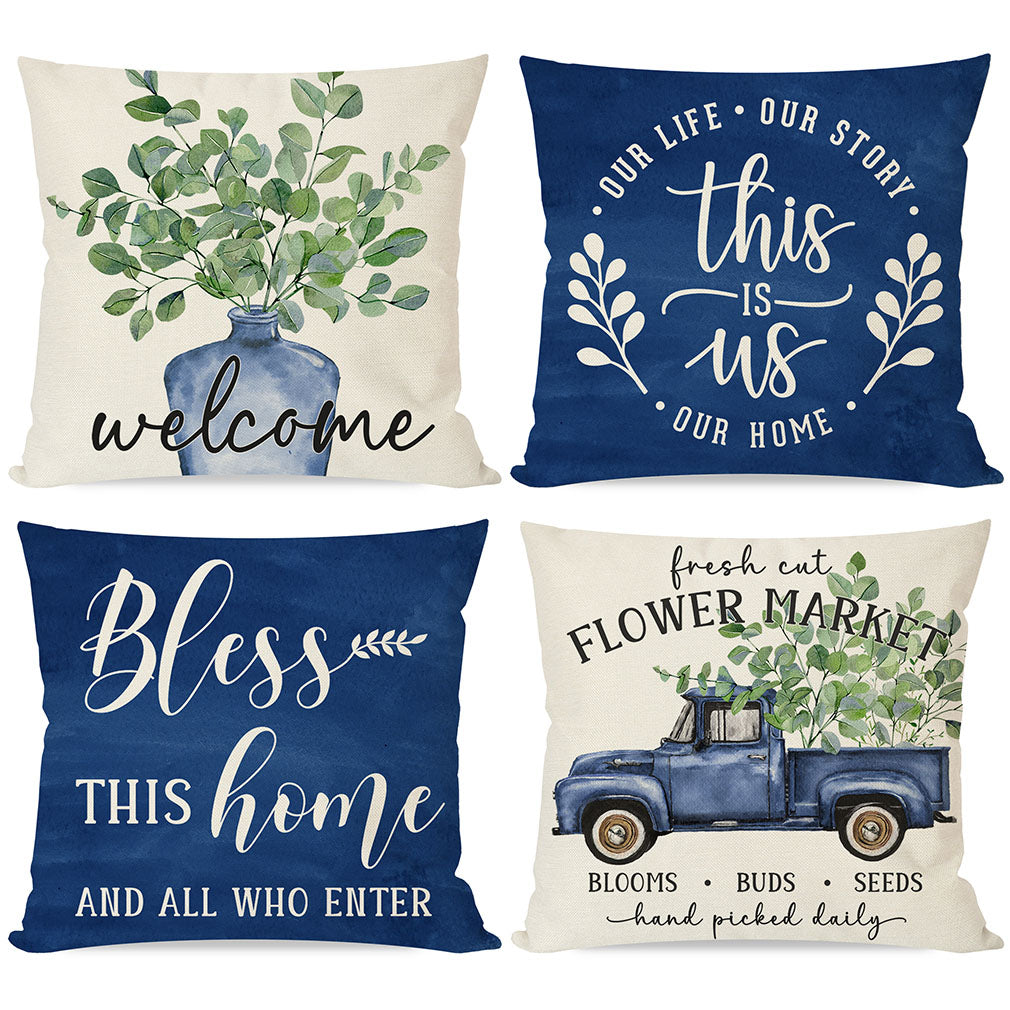 Spring Pillow Covers 18x18 Inch Eucalyptus Leaves Greenery Blue Vase Truck Bless This Home Set of 4 Outdoor Farmhouse Summer Welcome Decorative Throw Pillows Cases for Couch Room Decor