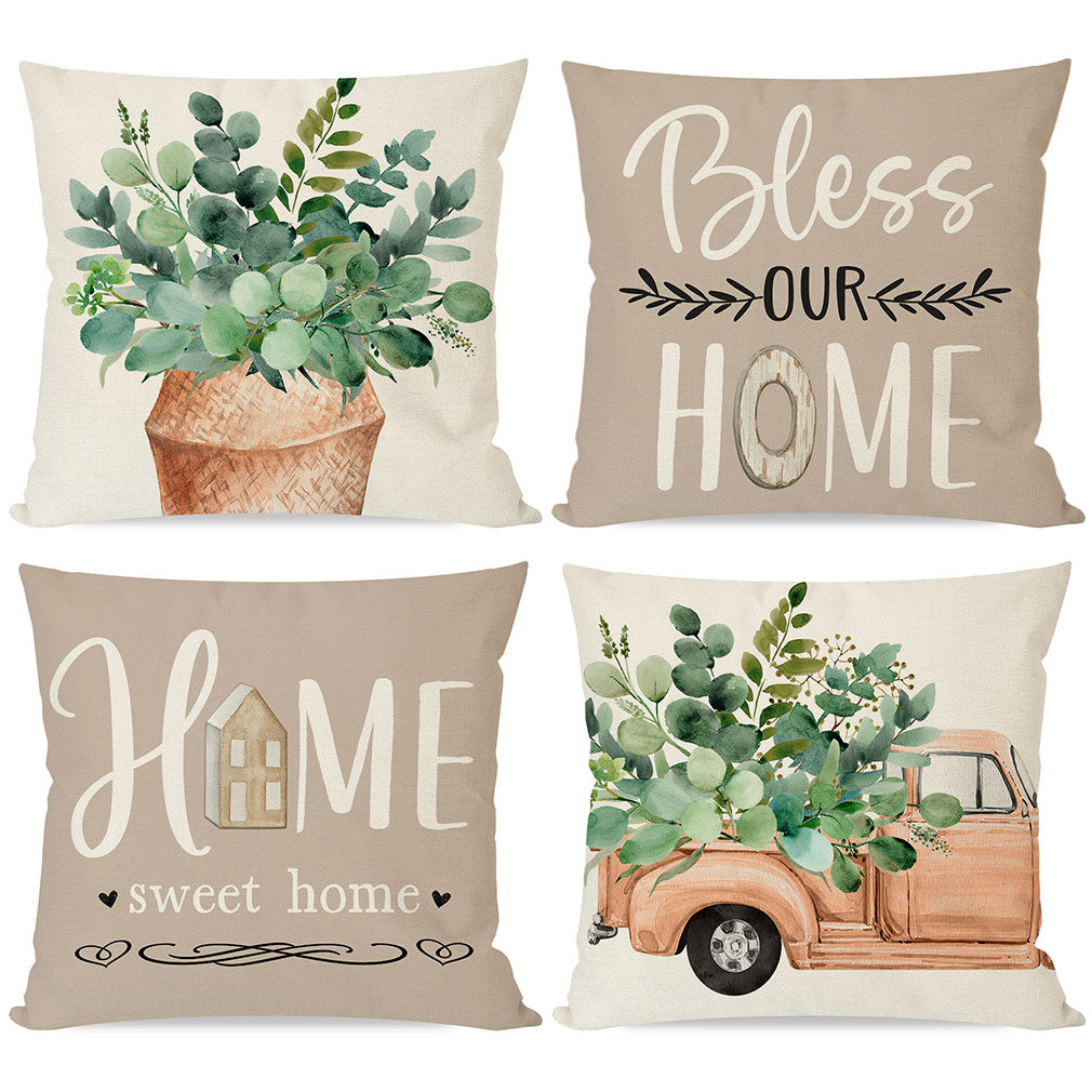 Farmhouse Spring Throw Pillow Covers 18x18 Inch Eucalyptus Leaves Bless Our Home Sweet Home Greenery Truck Outdoor Decorations Set of 4 Decorative Throw Pillows Cases for Home Couch Decor