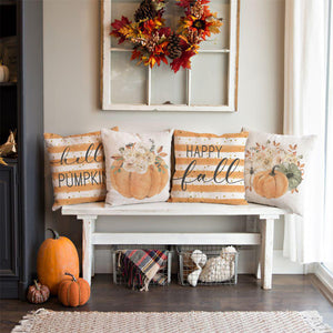 PANDICORN Orange Stripe Fall Pillow Covers 18x18 Set of 4 Hello Pumpkin Floral
