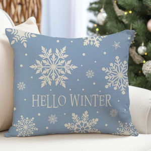 Hello Winter Snowflake Christmas Pillow Cover 18x18 Inch Blue and White Grand Millenial Christmas Decorations Holiday Decorative Throw Pillow Case for Home Living Room Bedroom Couch Deco