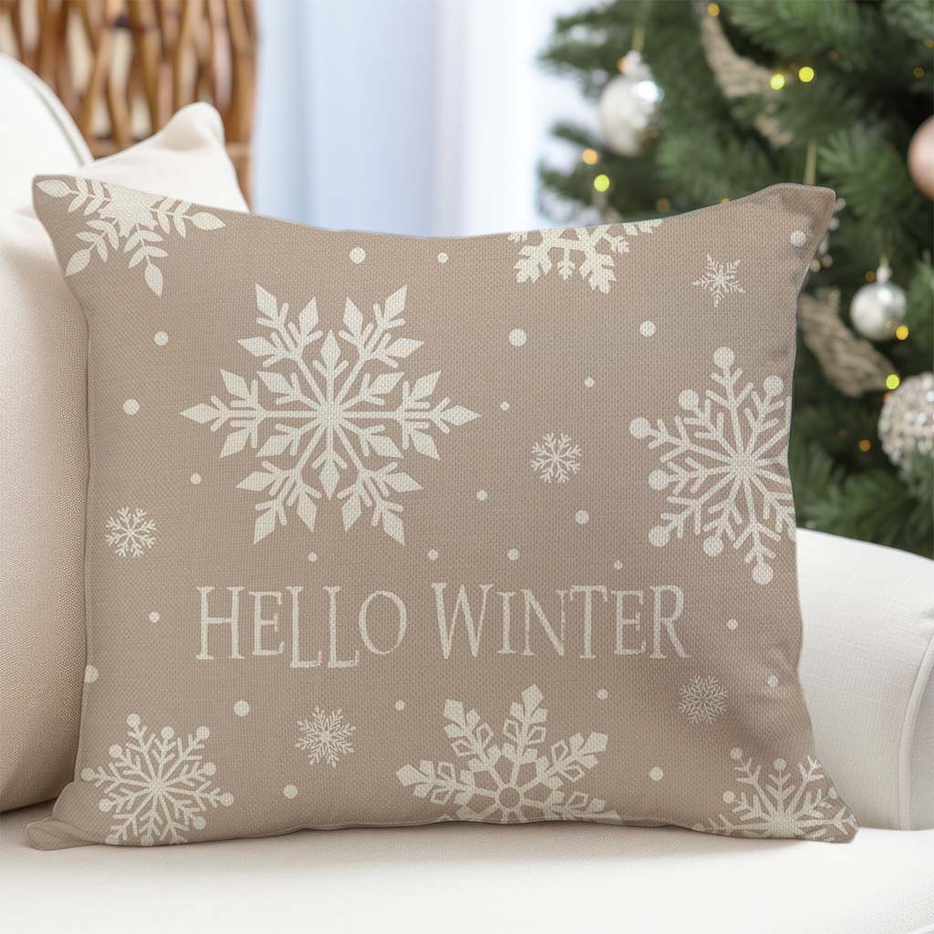 Hello Winter Snowflake Christmas Throw Pillow Cover 18x18 Inch Beige Outdoor Neutral Christmas Decorations Xmas Holiday Decorative Throw Pillow Case for Home Living Room Bedroom Couch Decor