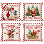 Vintage Christmas Pillow Covers 18x18 Set of 4 for Christmas Decorations, Red Retro Christmas Santa Trees Candy Cane Sleigh Rides Reindeer, Rustic Country Holiday Decor Throw Pillows Cases