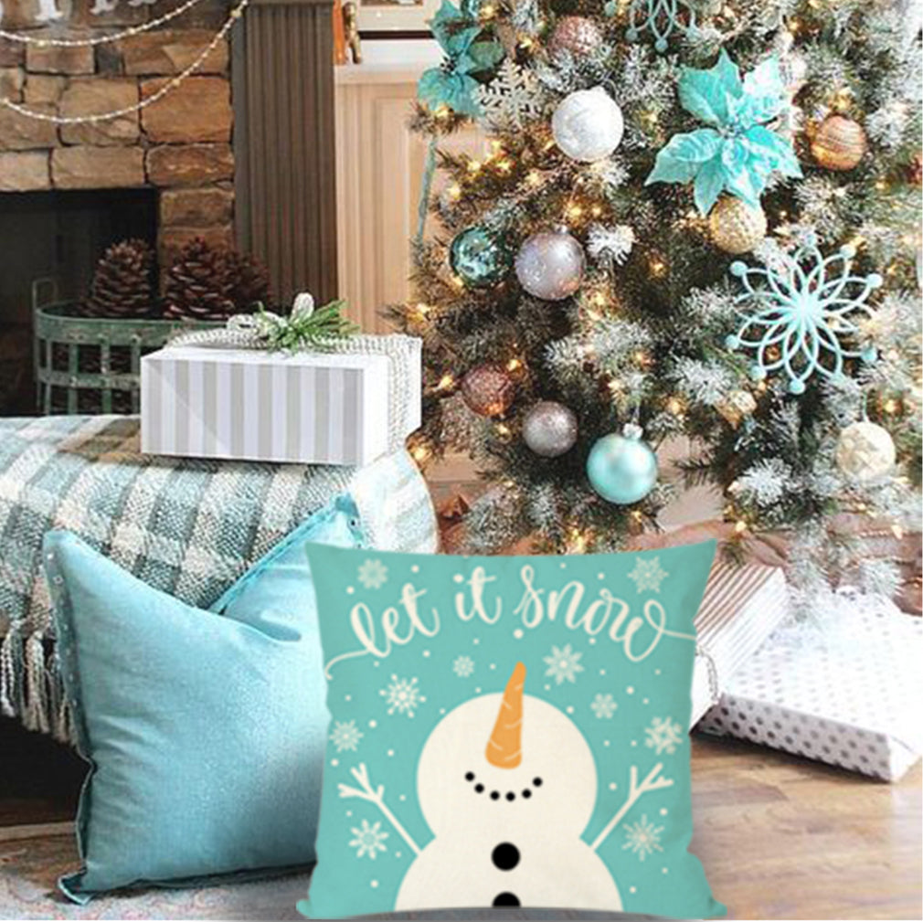 PANDICORN Turquoise Blue Christmas Pillow Covers 18x18 Set of 4 Santa Claus Christmas Tree Snowflake Snowman Decorations