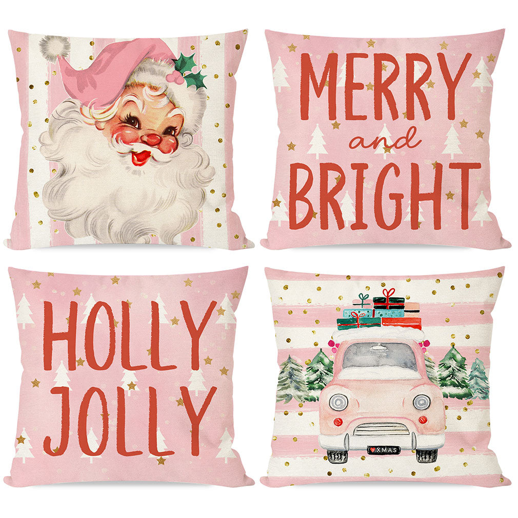 PANDICORN Christmas Pillow Covers 18x18 Set of 4 Pink Santa Claus Truc