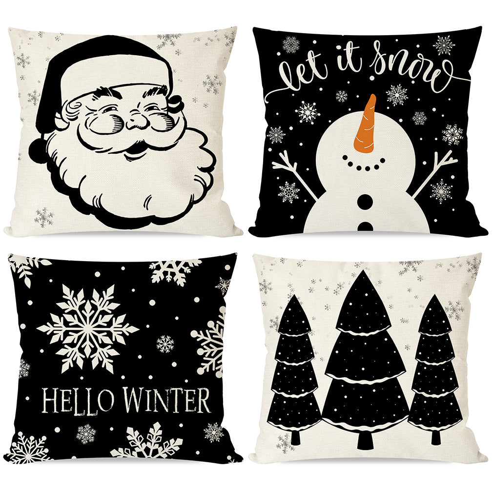 PANDICORN Modern Farmhouse Christmas Pillow Covers 18x18 Set of 4 Black Santa Claus Snowflake Snowman Christmas Tree Decorations