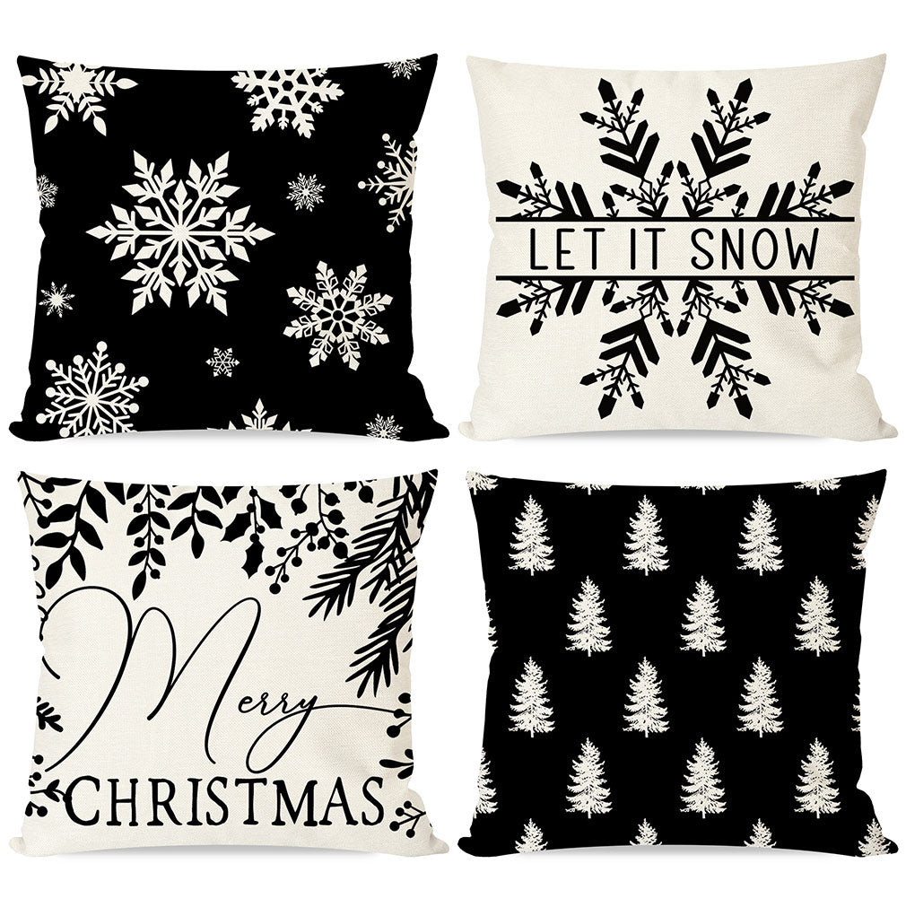 PANDICORN Christmas Pillow Covers 18x18 Set of 4 Black White Snowflake Christmas Tree Modern Farmhouse Christmas Decorations Indoor Winter Holiday Decorative Cushion Case for Home Bedroom Couch Decor