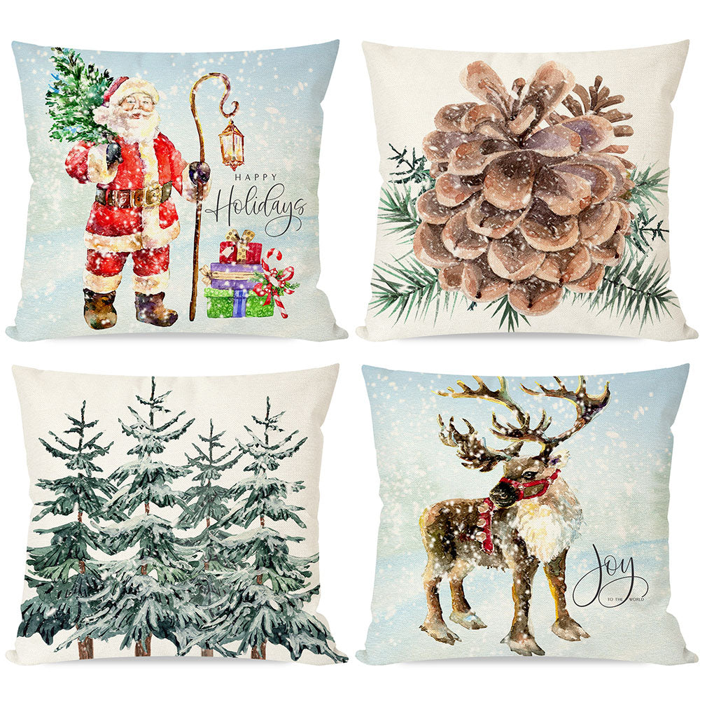 PANDICORN Christmas Pillow Covers 18x18 Set of 4 Christmas Tree Santa Claus Reindeer Pine Cone Christmas Decorations
