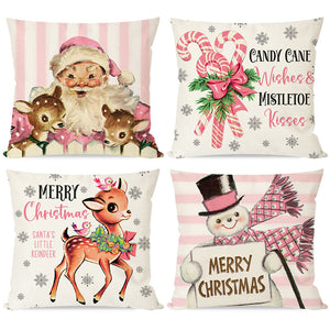 Vintage Pink Christmas Pillow Covers 18x18 Set of 4 Christmas Pillows Decorative Throw Pillows Cases Santa Claus Reindeer Candy Cane Snowman Christmas Decorations