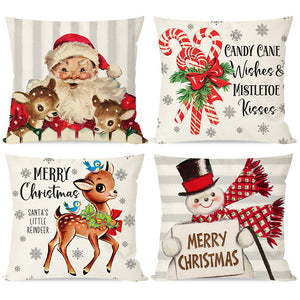PANDICORN Vintage Christmas Pillow Covers 18x18 Set of 4 Christmas Pillows Decorative Throw Pillows Cases Santa Claus Reindeer Candy Cane Snowman Christmas Decorations
