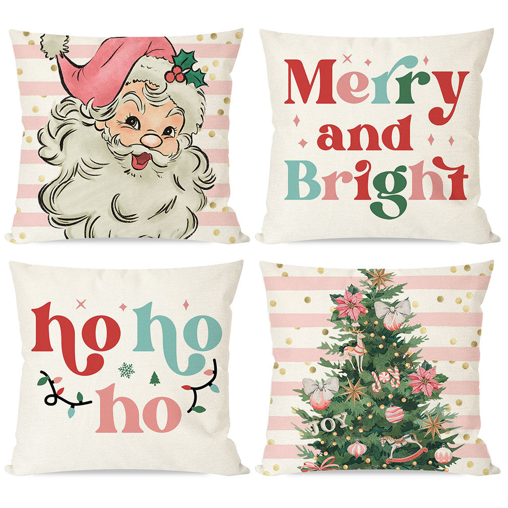 PANDICORN Christmas Pillow Covers 18x18 Set of 4 Pink Santa Claus Christmas Tree Decorations