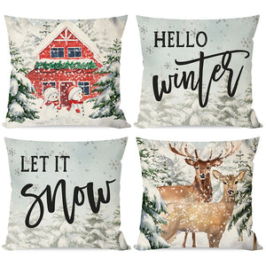 PANDICORN Christmas Pillow Covers 18x18 Set of 4 Winter Wonderland Forest Reindeer Christmas Decorations