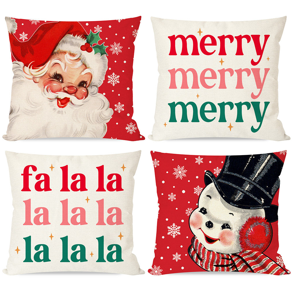 PANDICORN Vintage Christmas Pillow Covers 18x18 Set of 4 Santa Claus Snowman Farmhouse Christmas Decorations Red Christmas Pillows