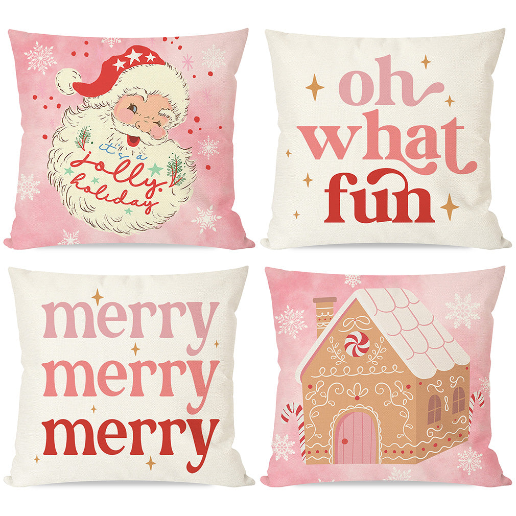 PANDICORN Pink Christmas Pillow Covers 18x18 Set of 4 Santa Claus Gingerbread House Christmas Decorations
