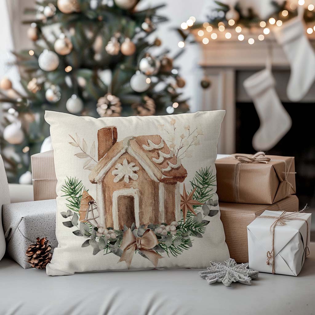 Christmas Pillow Covers 18x18 Set of 4 Gingerbread House Christmas Tree Decorations Neutral Christmas Decor Merry and Bright Winter Holiday Decorative Throw Pillow Cases for Home Room Couch