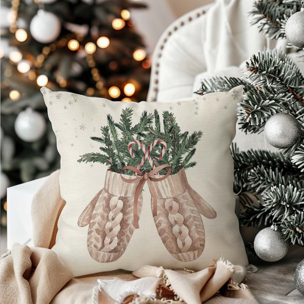 Christmas Pillow Covers 18x18 Set of 4 Christmas Tree Gloves Neutral Christmas Decor Outdoor Xmas Winter Holiday Beige Decorative Throw Pillow Case Home Decorations for Living Room Couch