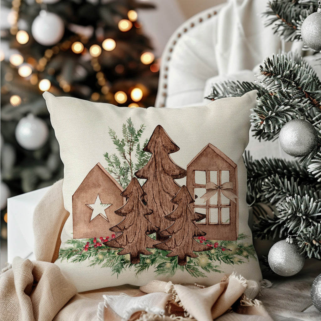 Christmas Pillow Covers 18x18 Inch Wooden Christmas Tree Sleigh Neutral Christmas Decor Rustic Farmhouse Decorations Xmas Winter Holiday Decorative Throw Pillow Cases Set of 4 for Home Couch