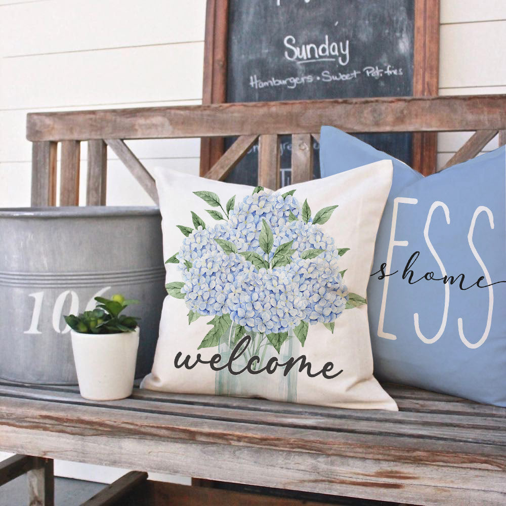 Blue Hydrangea Throw Pillow Covers 18x18 Inch Bless This Home Sweet Home Flower Welcome Spring Summer Decor Set of 4 Farmhouse Decorative Throw Pillows Cases Outdoor Decorations