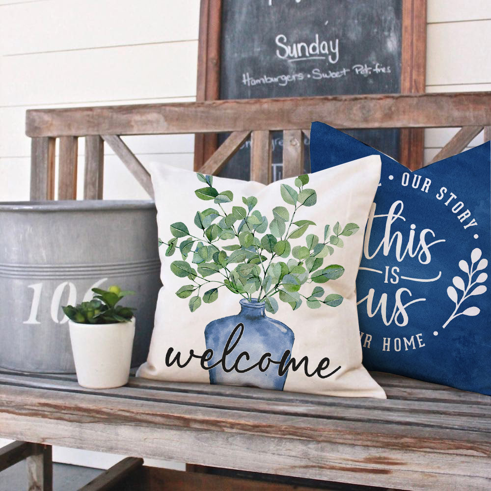 Spring Pillow Covers 18x18 Inch Eucalyptus Leaves Greenery Blue Vase Truck Bless This Home Set of 4 Outdoor Farmhouse Summer Welcome Decorative Throw Pillows Cases for Couch Room Decor