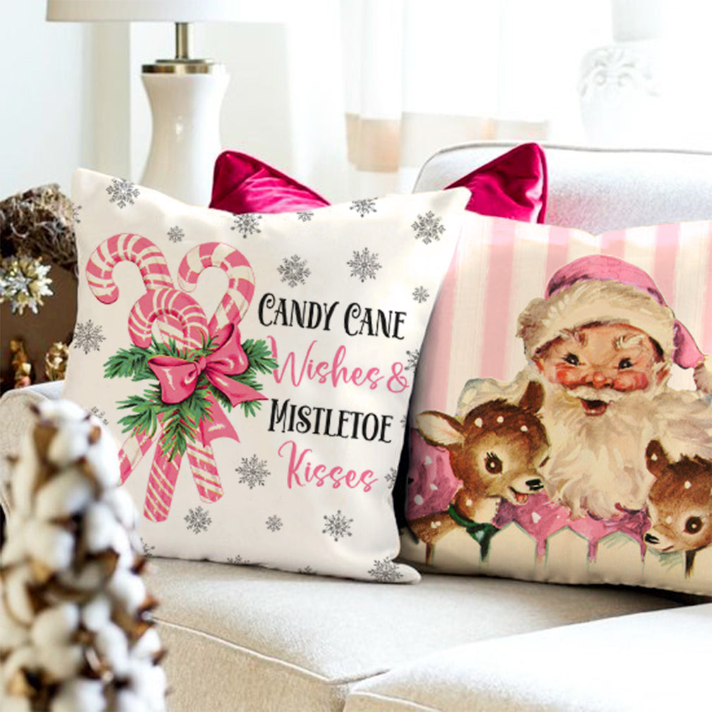 Vintage Pink Christmas Pillow Covers 18x18 Set of 4 Christmas Pillows Decorative Throw Pillows Cases Santa Claus Reindeer Candy Cane Snowman Christmas Decorations