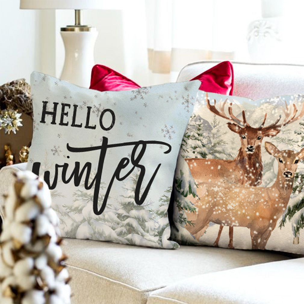 PANDICORN Christmas Pillow Covers 18x18 Set of 4 Winter Wonderland Forest Reindeer Christmas Decorations