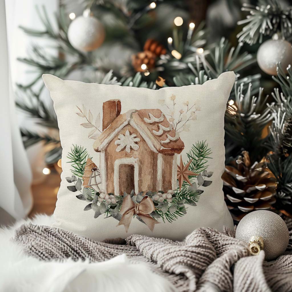 Christmas Pillow Covers 18x18 Set of 4 Gingerbread House Christmas Tree Decorations Neutral Christmas Decor Merry and Bright Winter Holiday Decorative Throw Pillow Cases for Home Room Couch