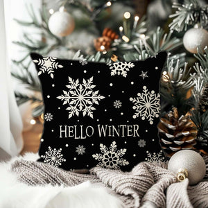 Hello Winter Snowflake Christmas Pillow Cover 18x18 Inch Black and White Outdoor Modern Farmhouse Christmas Decorations Holiday Decorative Throw Pillow Case for Home Couch Living Room Decor