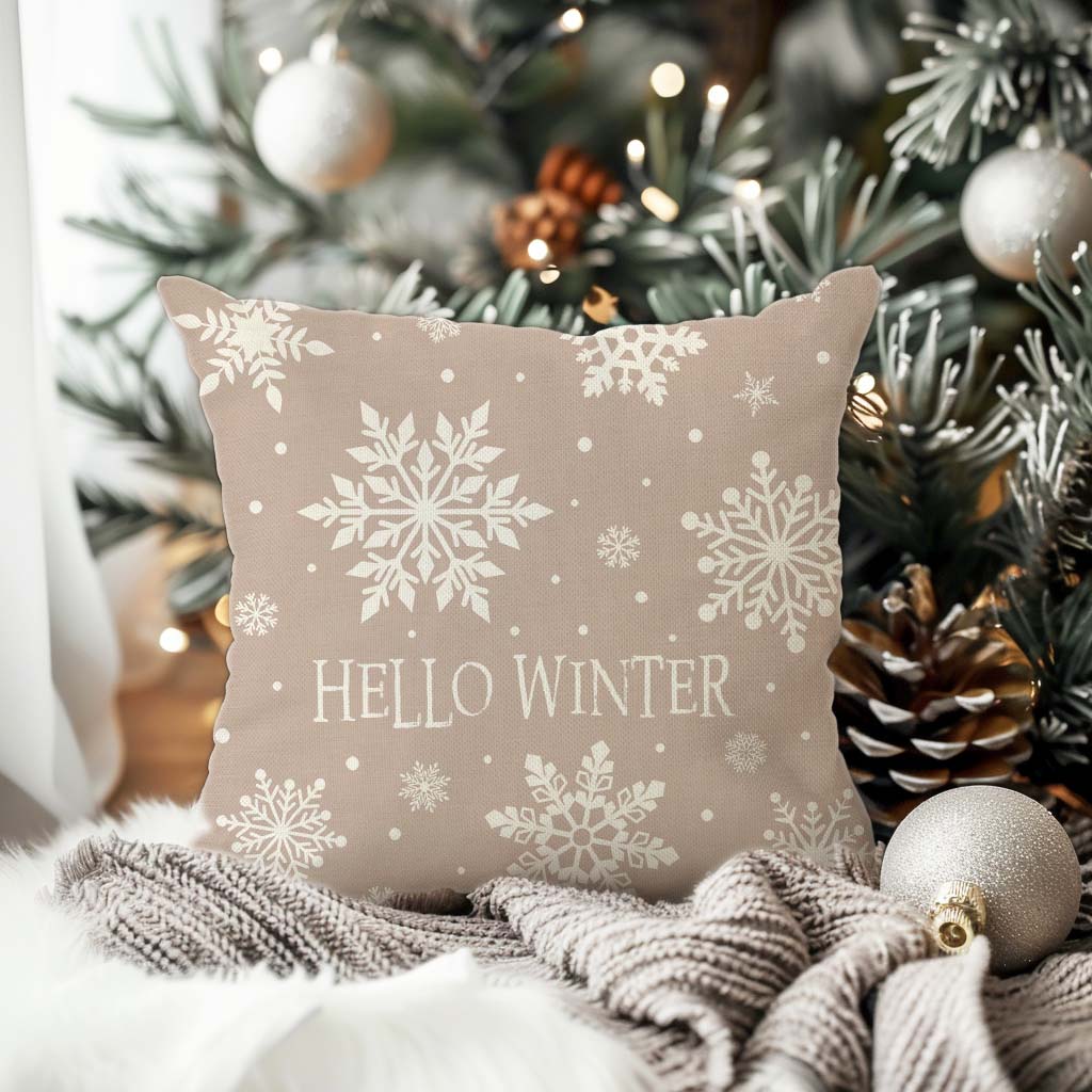 Hello Winter Snowflake Christmas Throw Pillow Cover 18x18 Inch Beige Outdoor Neutral Christmas Decorations Xmas Holiday Decorative Throw Pillow Case for Home Living Room Bedroom Couch Decor