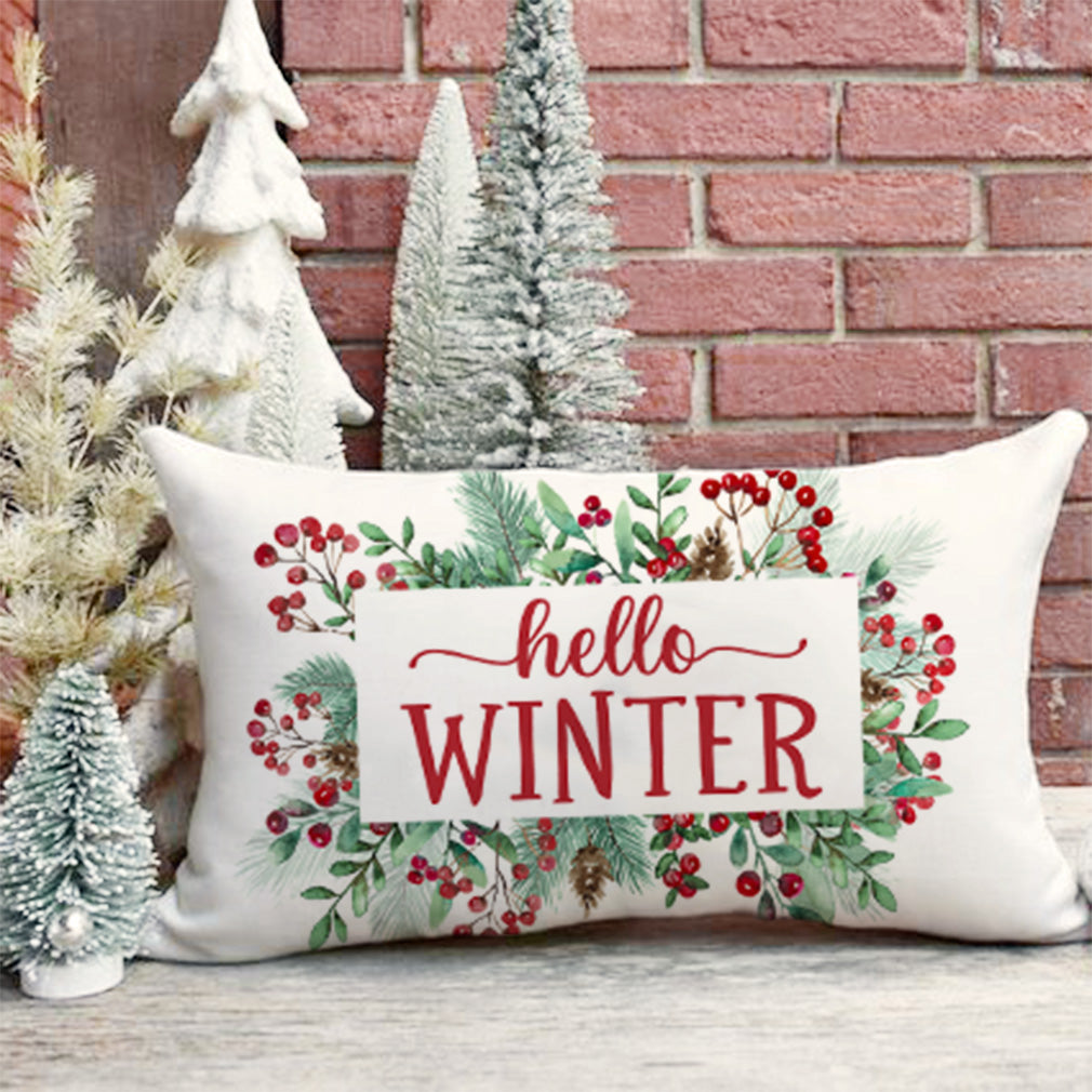 Christmas Pillow Covers 12x20 Hello Winter Eucalyptus Greenery Red Mistletoe Berry Christmas Decorations Rustic Holiday Winter Lumbar Decorative Throw Pillow Cases for Sofa Couch Home Decor