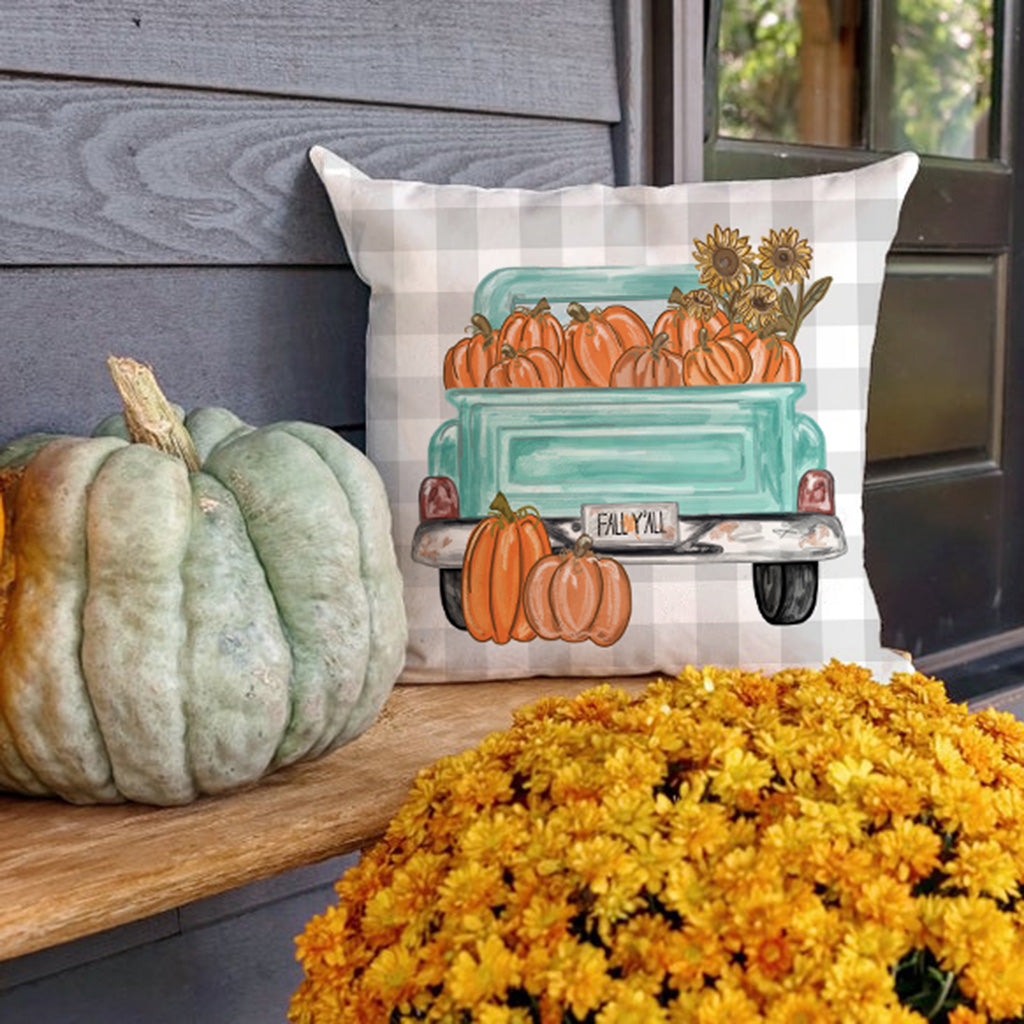 PANDICORN Fall Pillow Covers 18x18 Set of 4 Aqua Hello Pumpkin Truck Outdoor  Fall Decor