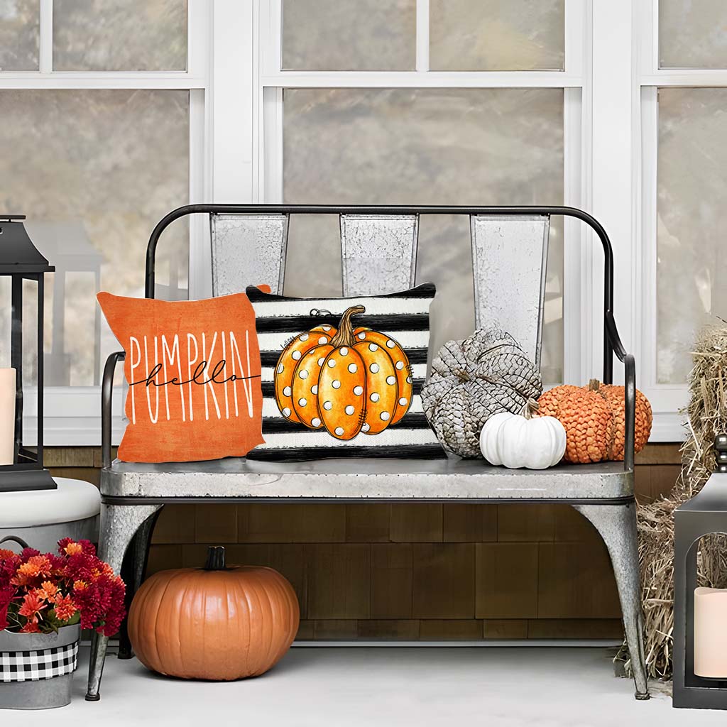 PANDICORN Black Striped Fall Pillow Covers 18x18 Set of 2  Polka Dot Hello Pumpkin Outdoor