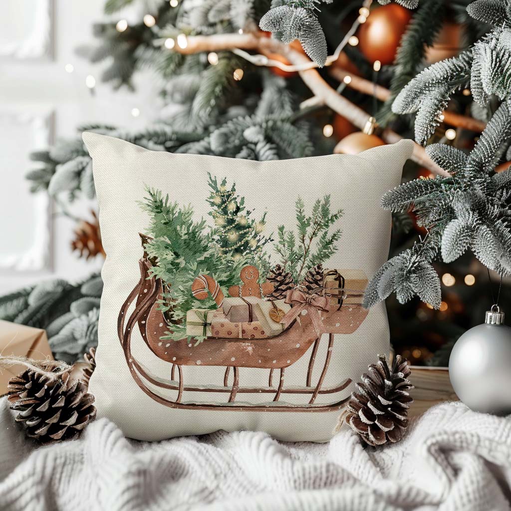 Christmas Pillow Covers 18x18 Inch Wooden Christmas Tree Sleigh Neutral Christmas Decor Rustic Farmhouse Decorations Xmas Winter Holiday Decorative Throw Pillow Cases Set of 4 for Home Couch