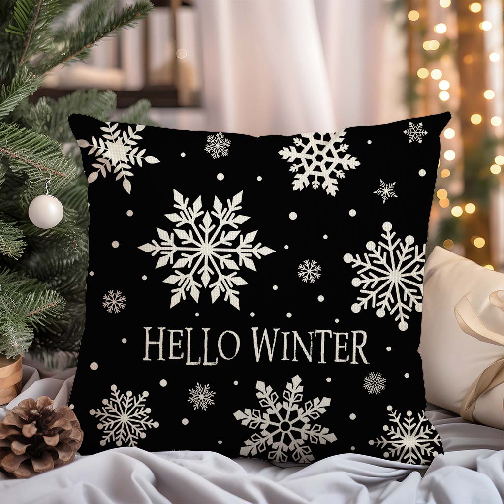 Hello Winter Snowflake Christmas Pillow Cover 18x18 Inch Black and White Outdoor Modern Farmhouse Christmas Decorations Holiday Decorative Throw Pillow Case for Home Couch Living Room Decor