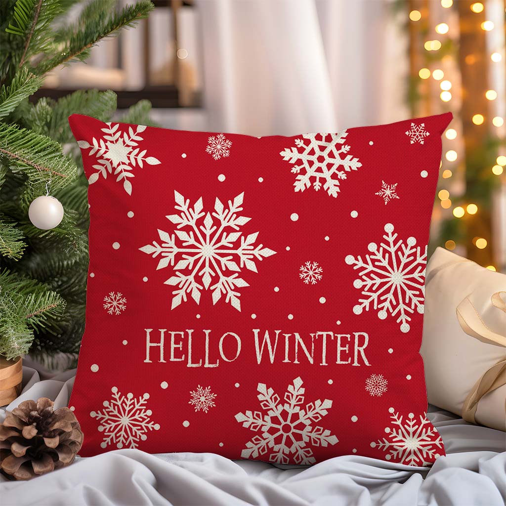 Christmas Hello Winter Snowflake Throw Pillow Cover 18x18 Inch Red White Outdoor Christmas Decorations Xmas Holiday Decorative Throw Pillow Case for Home Living Room Couch Porch Decor