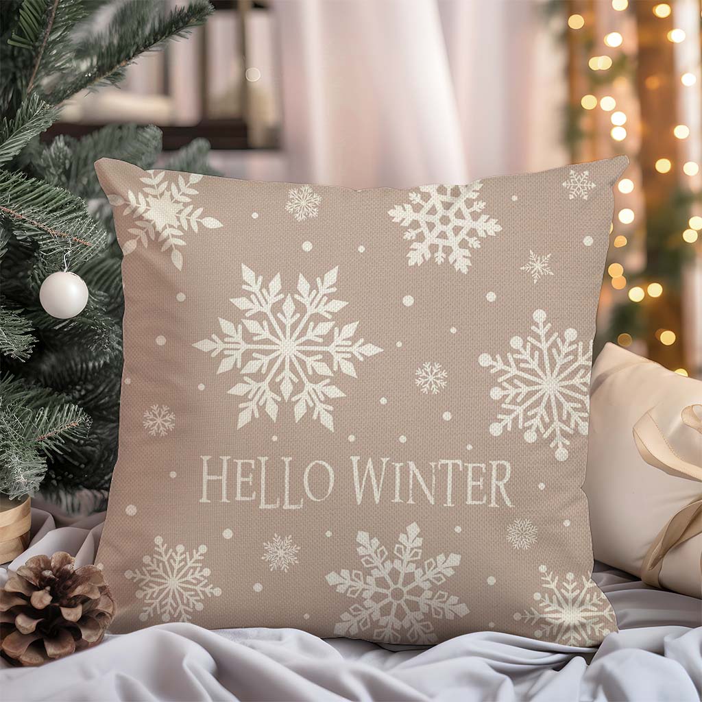 Hello Winter Snowflake Christmas Throw Pillow Cover 18x18 Inch Beige Outdoor Neutral Christmas Decorations Xmas Holiday Decorative Throw Pillow Case for Home Living Room Bedroom Couch Decor