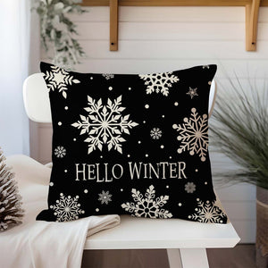 Hello Winter Snowflake Christmas Pillow Cover 18x18 Inch Black and White Outdoor Modern Farmhouse Christmas Decorations Holiday Decorative Throw Pillow Case for Home Couch Living Room Decor