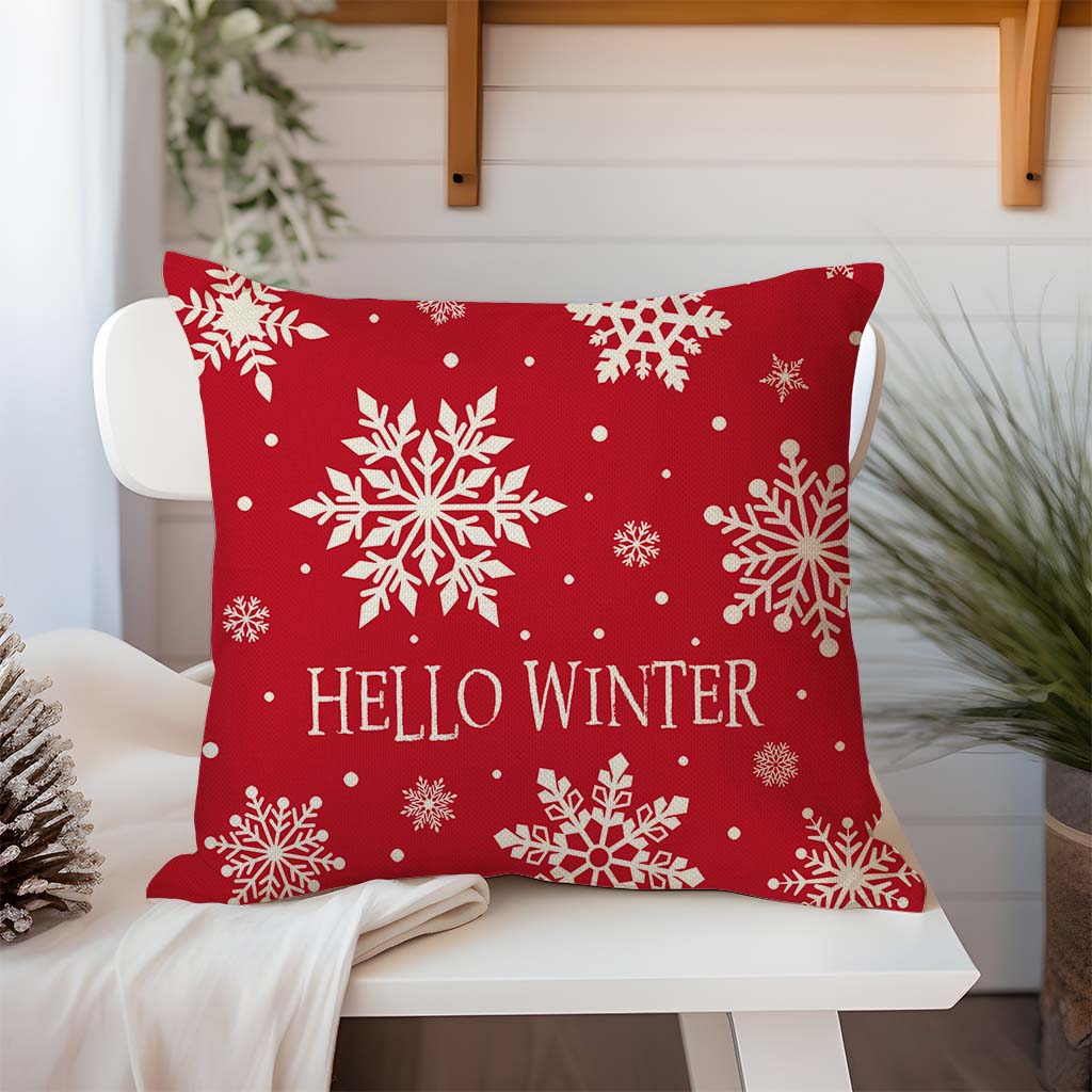 Christmas Hello Winter Snowflake Throw Pillow Cover 18x18 Inch Red White Outdoor Christmas Decorations Xmas Holiday Decorative Throw Pillow Case for Home Living Room Couch Porch Decor