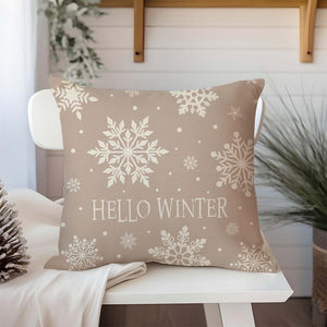 Hello Winter Snowflake Christmas Throw Pillow Cover 18x18 Inch Beige Outdoor Neutral Christmas Decorations Xmas Holiday Decorative Throw Pillow Case for Home Living Room Bedroom Couch Decor