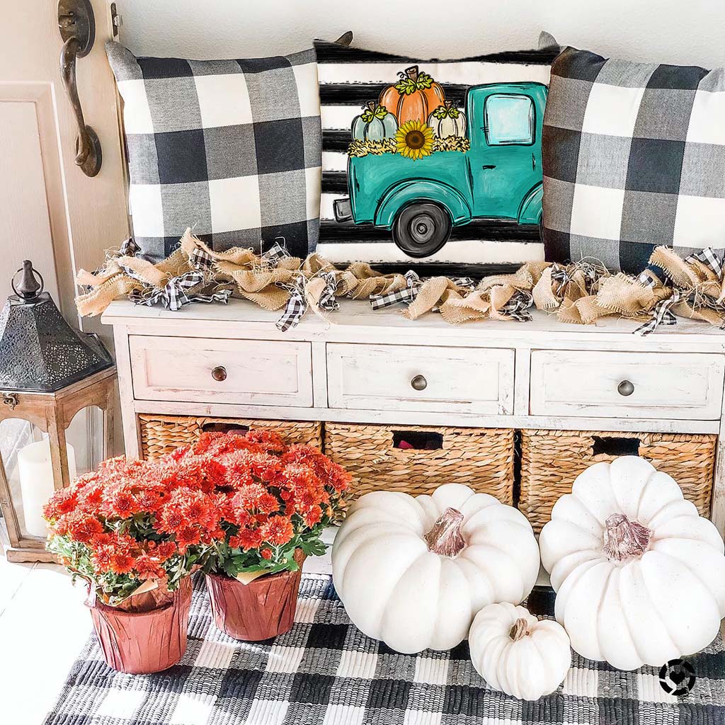 PANDICORN Fall Pillow Covers 18x18 Set of 4 Polka Dot Pumpkin Truck Buffalo Plaid Stripe Outdoor