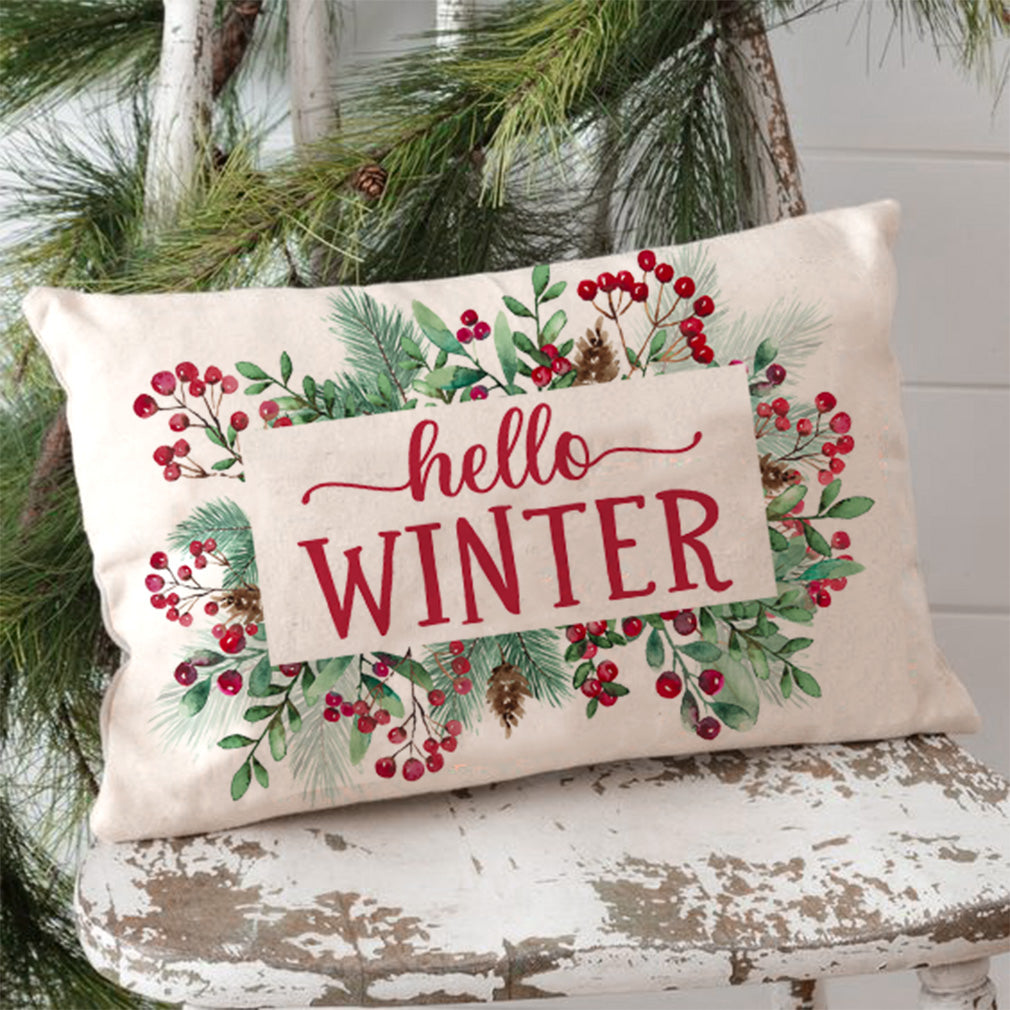 Christmas Pillow Covers 12x20 Hello Winter Eucalyptus Greenery Red Mistletoe Berry Christmas Decorations Rustic Holiday Winter Lumbar Decorative Throw Pillow Cases for Sofa Couch Home Decor