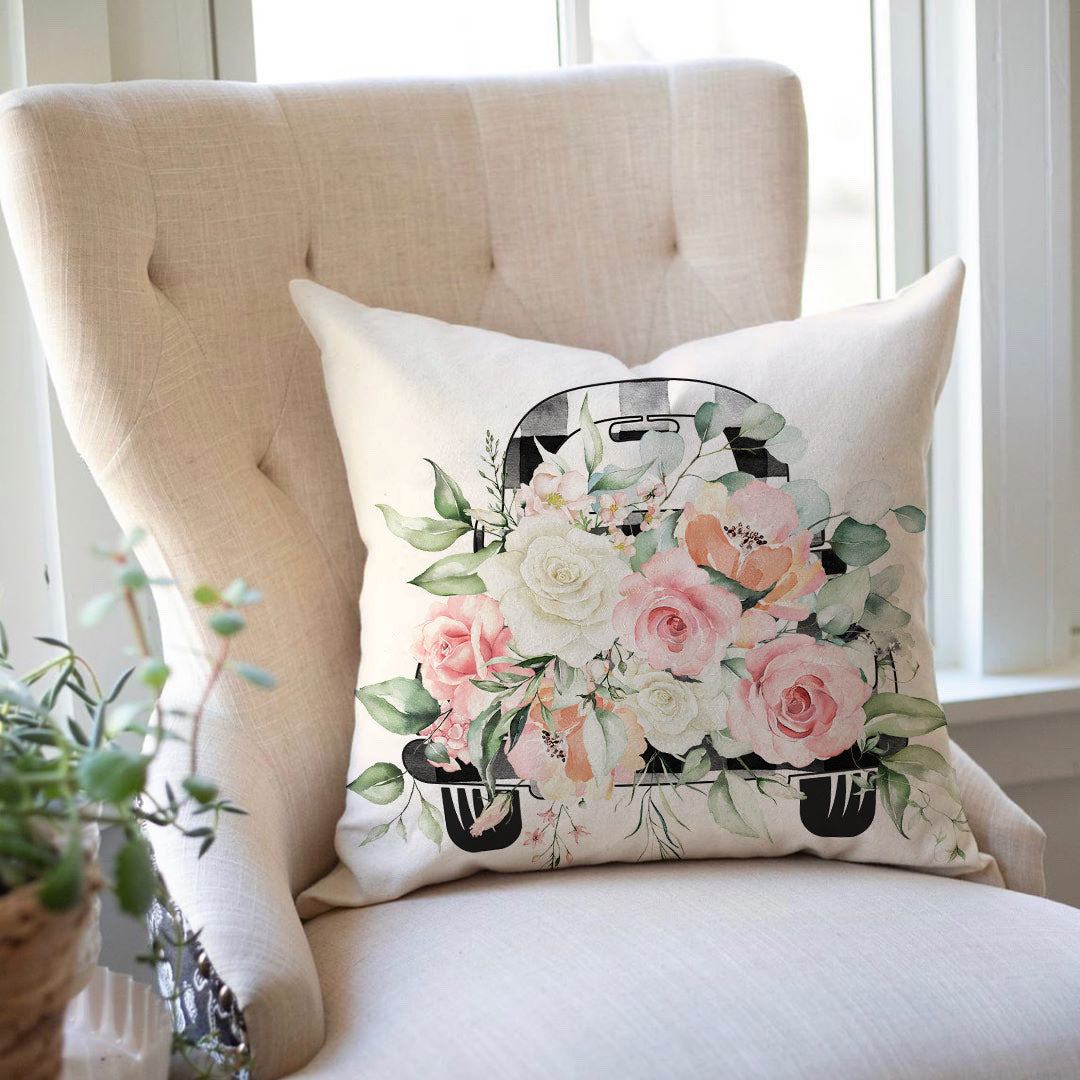 Hello Spring Pillow Covers 18x18 Inch Buffalo Plaid Mason Jar Truck Pink Flower Floral Set of 4 Farmhouse Summer Decorative Throw Pillows Covers Outdoor Decorations for Home Couch Sofa