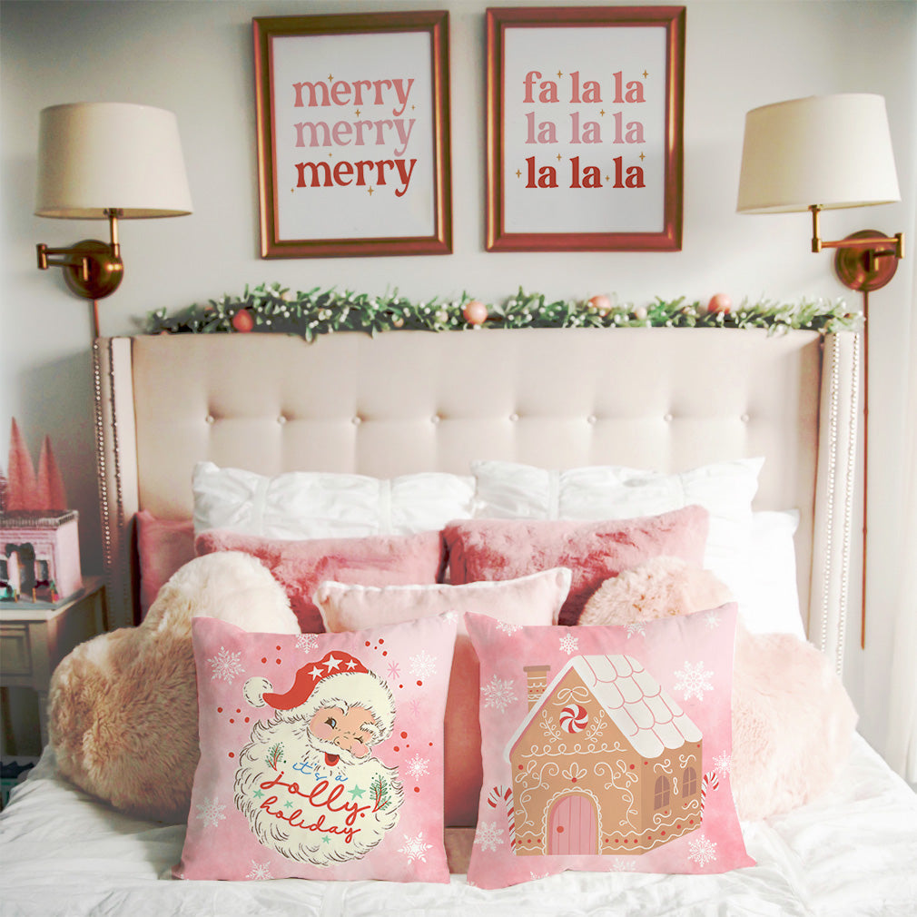 PANDICORN Pink Christmas Pillow Covers 18x18 Set of 4 Santa Claus Gingerbread House Christmas Decorations