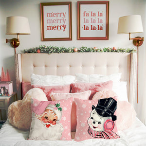 PANDICORN Pink Christmas Pillow Covers 18x18 Set of 4 Vintage Santa Claus  Snowman Farmhouse Christmas Decorations